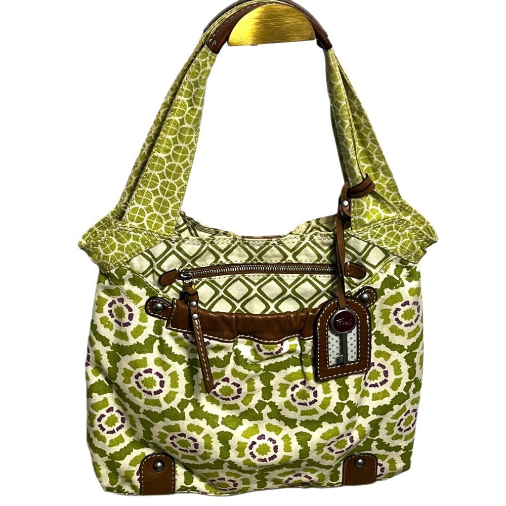 Fossil Patterned Shoulder Bag Leather Trim Eclectic Grandpa Modern Boho